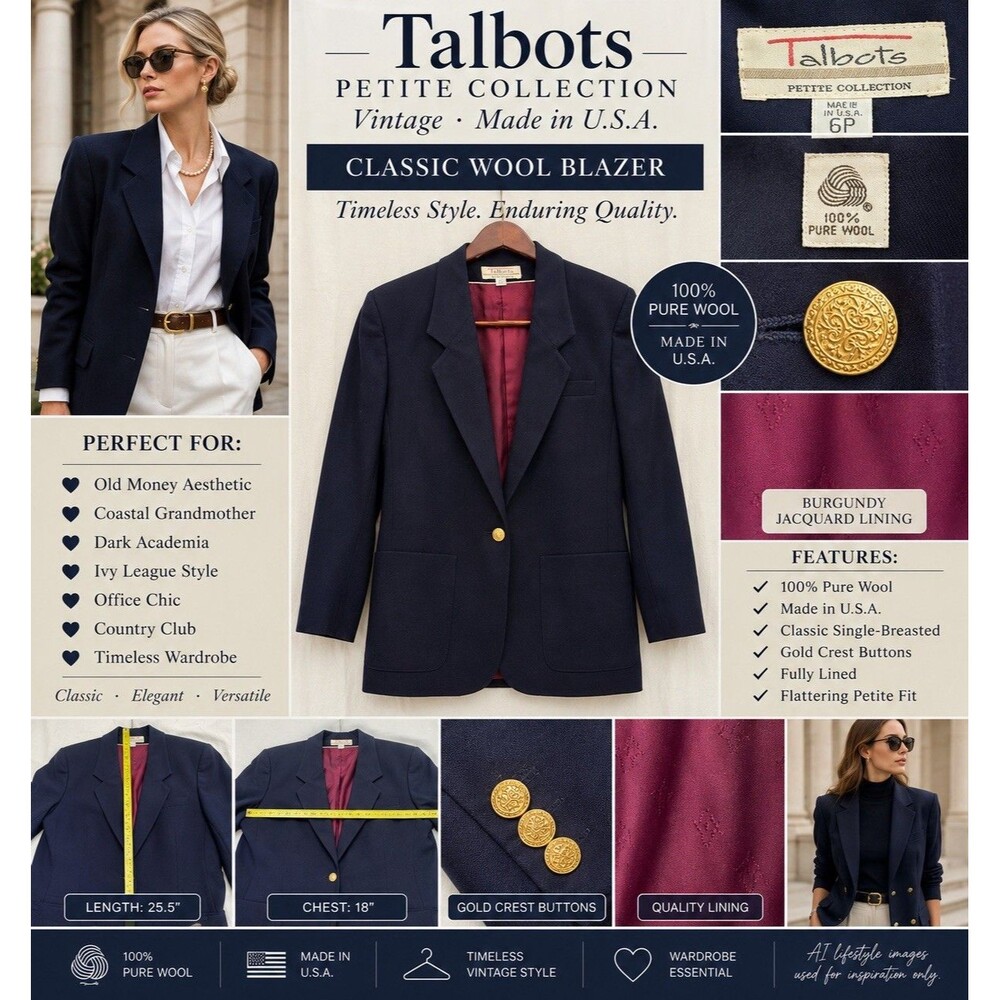 VTG Talbots USA 100% Wool Navy Blazer Gold Crest Preppy Old Money 6P EUC